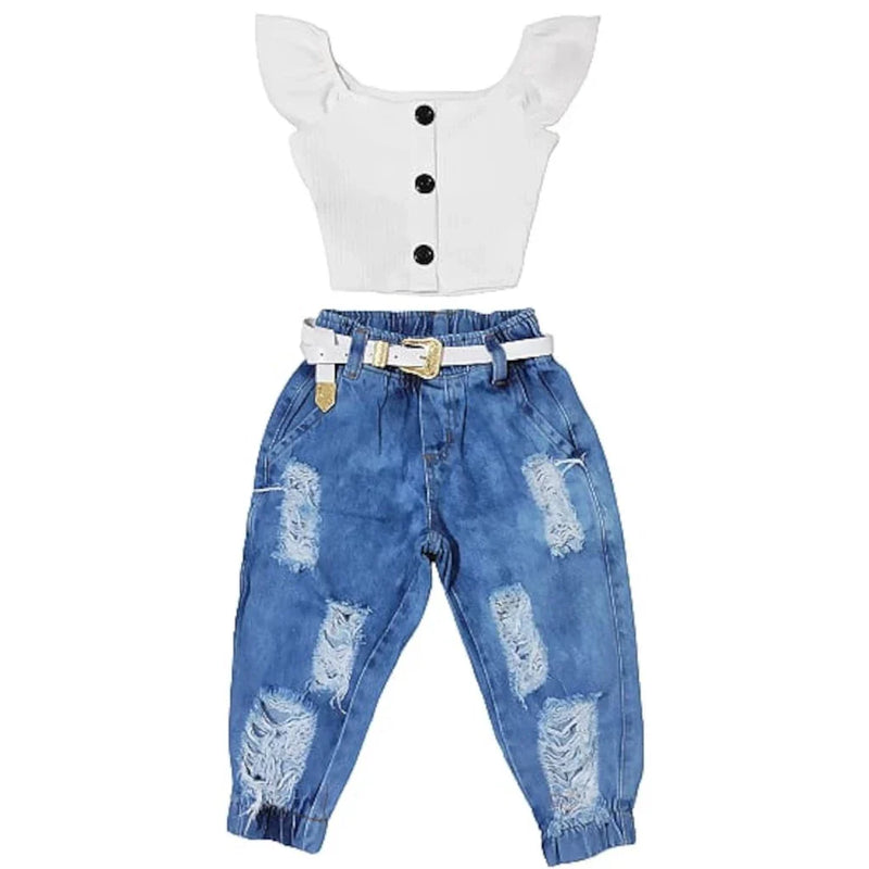 Conjunto Infantil Cropped e Calça Jeans Jogger Destroyed - Mini Diva Blogueira