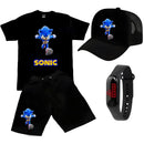 Conjunto Infantil Meninos Camiseta Short Relogio Boné Roblox Sonic