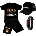 Conjunto Infantil Meninos Camiseta Short Relogio Boné Roblox Sonic