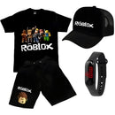 Conjunto Infantil Meninos Camiseta Short Relogio Boné Roblox Sonic