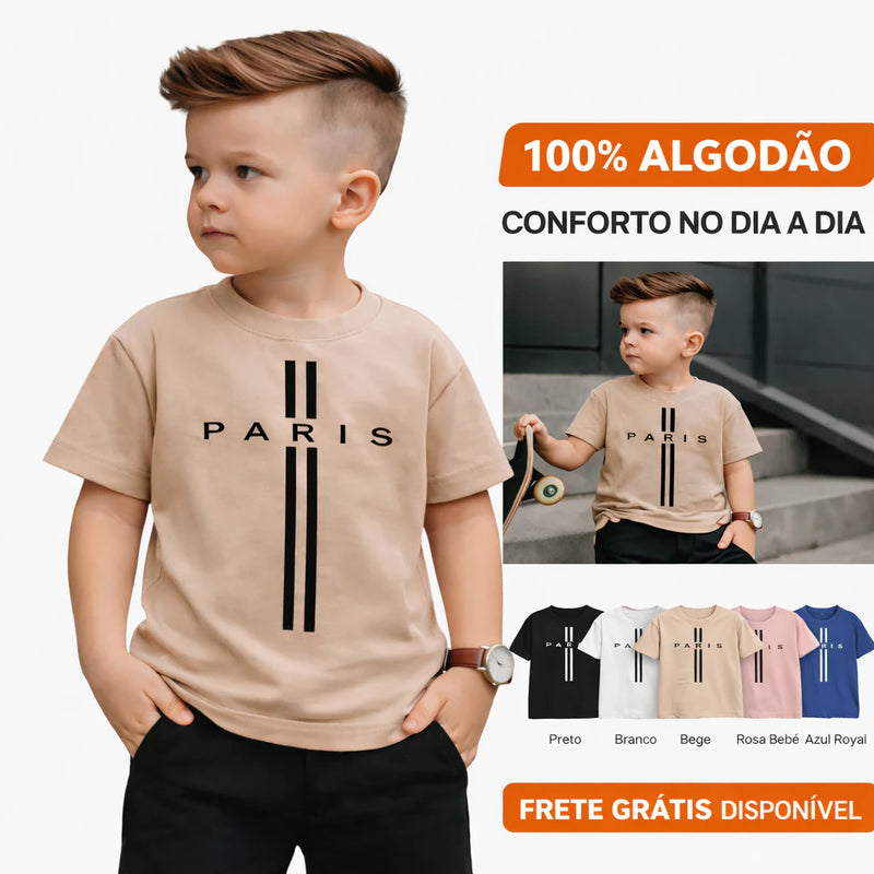 Camiseta Infantil Menino Estampada Algodão  Manga Curta Camisa Paris