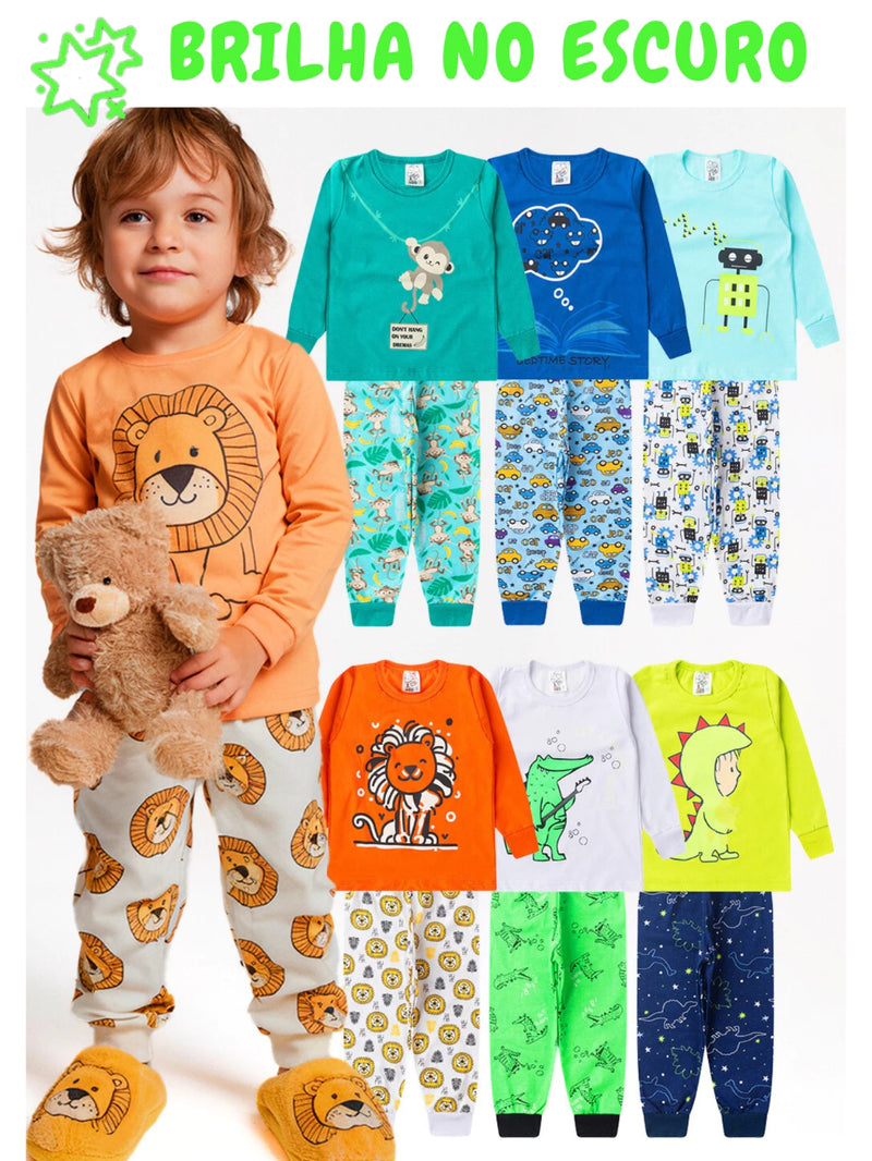 Kit 4 Peças Pijama Brilha no Escuro Sortido Infantil Menino Inverno Roupa Infantil Masculina
