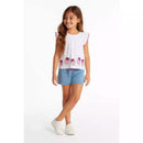 Conjunto Infantil Blusa Meia Malha com Estampa de Morangos e Shorts Moletinho