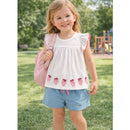 Conjunto Infantil Blusa Meia Malha com Estampa de Morangos e Shorts Moletinho